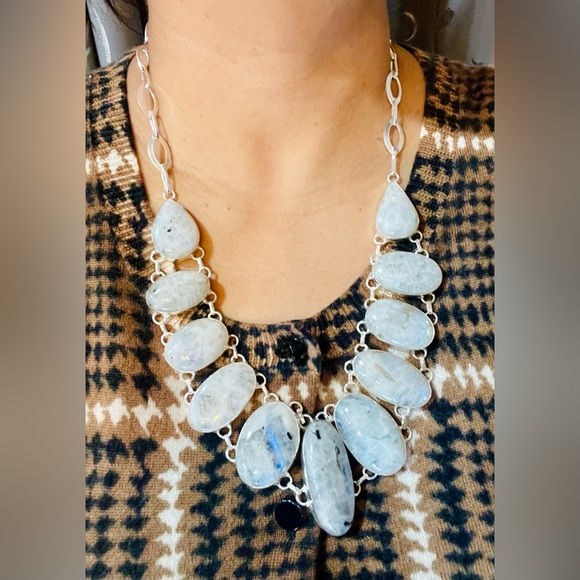 Oval Shape Rainbow Moonstone Necklace - Picture 8 of 12